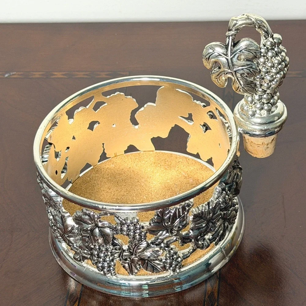 Vintage Godinger Silver Grapevine Wine Coaster Stopper Set Ornate Tuscan Barware